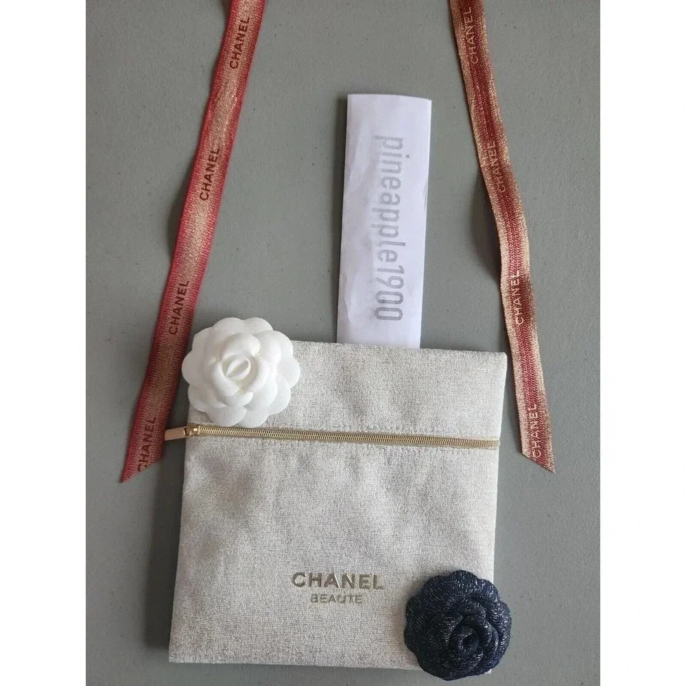 NEW CHANEL Makeup Bag Pouch Camellia Flower Glittered Ribbon Beige